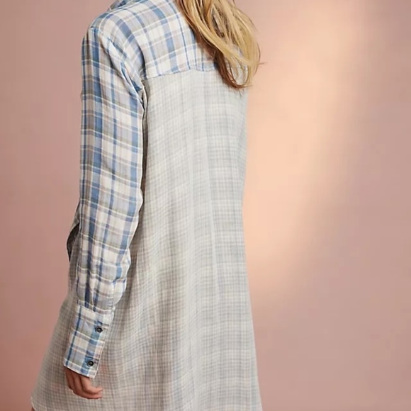 Anthropologie Saturday Sunday Muslin Blue Plaid Gauzy Tunic Shirt Dress - Picture 3 of 3